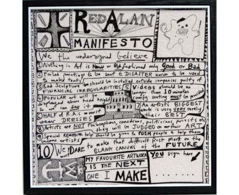 Grayson PERRY (b.1960 British) Red Alan Manifesto Printed on pink serviette Monogram lower left Framed and glazed Picture siz