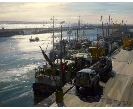 Bernard EVANS (b.1929) New Pier, Newlyn, Morning Oil on canvas Signed lower right and titled verso Framed Picture size 60 x 7