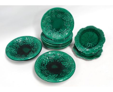 A Wedgwood style strawberry service - green glazed moulded leaf decoration, comprising of two circular comports, diameter 24c
