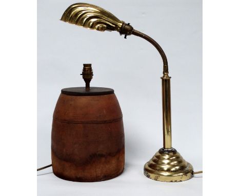 A 20th century turned hardwood table lamp - height 30cm, together with a vintage style brass desk light (2).