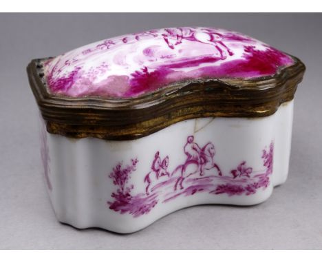 An early 19th century continental porcelain patch or snuff box - of shaped rectangular form and puce decorated with hunting f