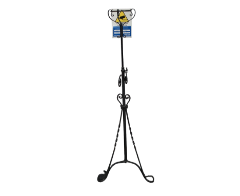 A late Victorian wrought iron oil lamp stand - lacking reservoir, with height adjustment and on a tripod base.