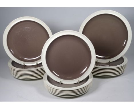 Keith Murray for Wedgwood - eight dinner plates with taupe centre and cream rim, diameter 25cm, together with nine matching s
