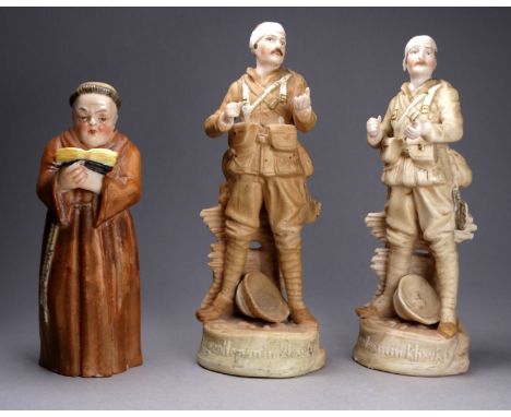 Boer war figure 'Gentleman in Kharki' - painted bisque, height 15cm, together with another and a Royal Worcester candle snuff