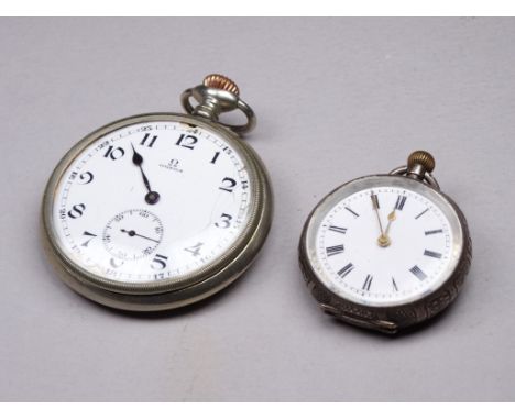 An Omega open face pocket watch - in a base metal case, the white enamel dial set out in Arabic numerals with a subsidiary se