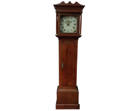 An early 19th century oak longcase clock - fitted with a 30 hour movement, the white enamel dial set out in Roman numerals wi