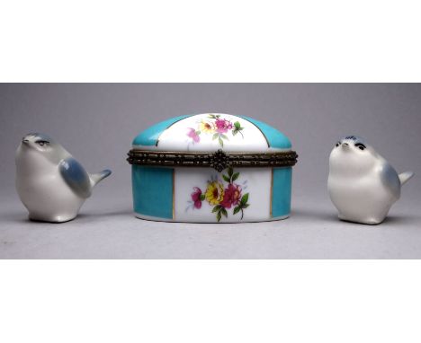 A pair of Royal Copenhagen style wrens - typical grey and buff decoration, height 4cm, together with an oval continental patc