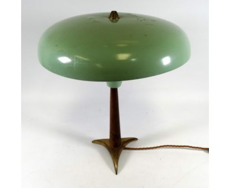 A mid 20th century French table lamp - with a green dished shade on a turned teak support and brass tripod base, height 42cm.