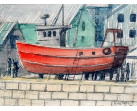 Victor BRAMLEY (1934-2014) On The Slip, Newlyn Coloured pencil Signed lower right Framed and glazed Picture size 16 x 21cm Ov