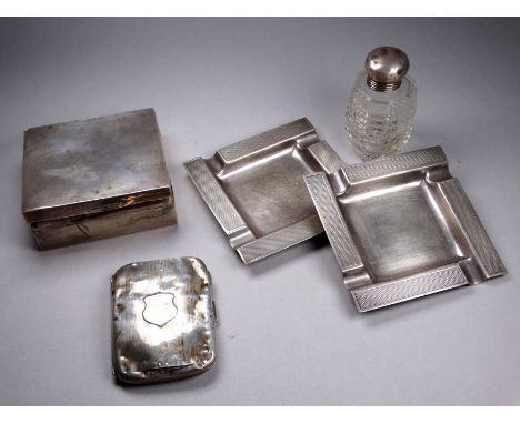 A pair of silver ashtrays - Birmingham 1954, Barker Brothers Silver Ltd, square with engine turning, 174g, together with a sq