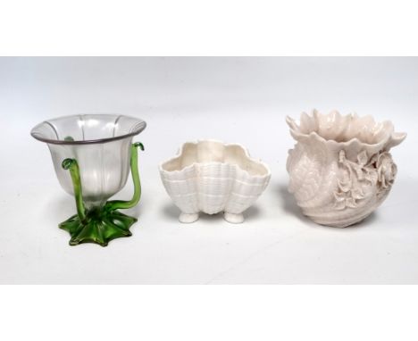 A Belleek fern pot - moulded decoration with flowers, stamped to base, height 11cm, together with a Royal Worcester blanc de 