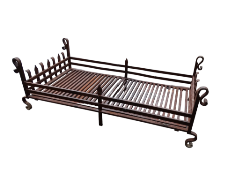 A wrought iron fire grate - double basket size with scroll supports, width 130cm.