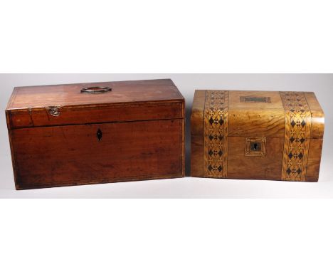 A George III satinwood and banded tea caddy - width 33cm, together with a walnut and Tunbridgeware banded box, width 22cm.