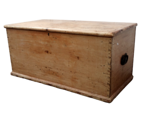 A late 19th century pine trunk - the hinged top above dovetailed carcass and steel bale handles, width 132cm, depth 65cm, hei