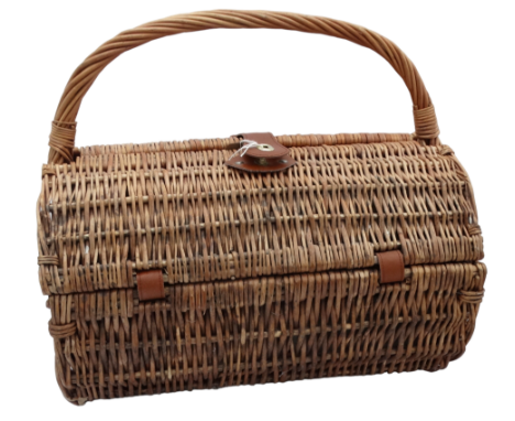 A wicker picnic basket - of cylindrical form and fitted with glasses and cutlery for two, width 46cm.