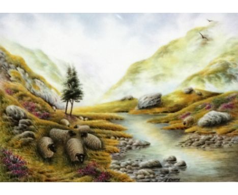 Steve SMITH 20th/21st Century British Sheep Beside A Highland Stream Ceramic panel Signed lower right Framed and glazed Panel