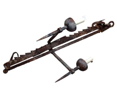 A 19th century wrought iron spit jack - now converted into a light fitting, height 95cm.