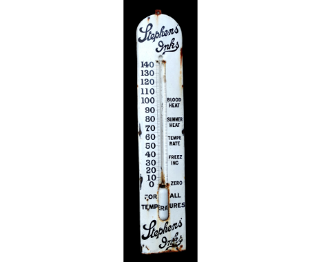 A Stephens' Inks enamel advertising sign as a thermometer - white with deep blue script, height 157cm.