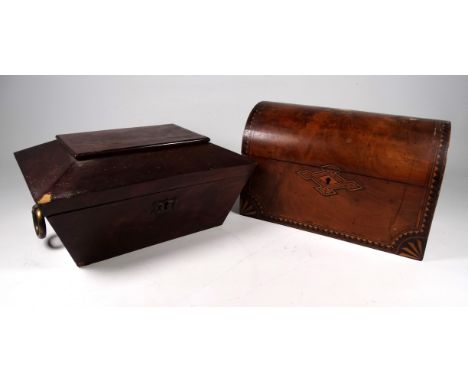 A Victorian walnut domed tea caddy - the interior with mixing bowl flanked by two canisters, together with a William IV mahog