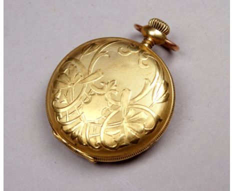A Elgin ladies fob watch in 18ct yellow gold case - engraved with foliage, the white enamel dial with Roman numerals and subs