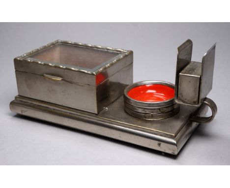 A nickle plated smoker's stand - incorporating a cigarette box, a matchbox holder and four enamel ashtrays. 