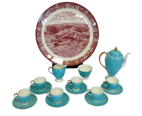 A Wedgwood coffee service of six settings - turquoise and gilt, comprising a coffee pot, a cream jug, a sucrier and cups and 