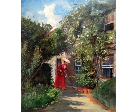 F.G. CRAWFORD (19th/20th Century British School) Elegant Lady In Cottage Garden Oil on canvas Indistinctly signed lower left 