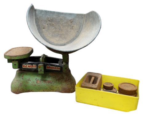 A set of early 20th century Avery Grocer's scales - green painted with galvanised hopper and eight cast iron weights totallin
