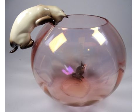 A 20th century pink glass globe vase - with ceramic cat and mouse, height 24cm.