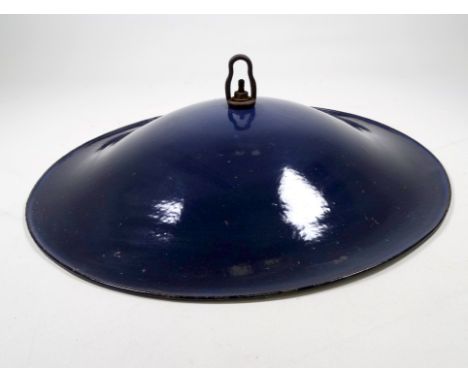 An early 20th century French blue enamel ceiling light reflector - with central hoop and hook, diameter 35cm, together with a