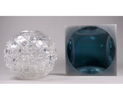 A contemporary resin cube - smoke grey with polished cupped disks to each face, 10cm, together with a late Victorian cut glas