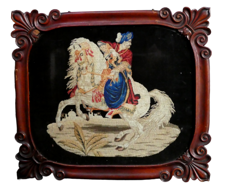 A Victorian petit point embroidery - a Turk on horseback, formerly a fire screen, framed and glazed, 41 x 46cm, together with