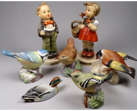 A Hummel figure of a singer - 'soloist' height 12cm, together with another 'Little Shopper', four Royal Worcester birds and a