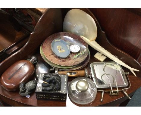 A quantity of collectors' plates. hip flask etc.