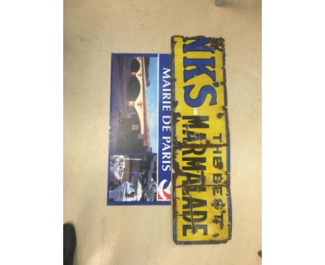 An enamel marmalade sign together with Parisian sign