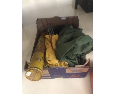 A box containing RAF USAAF fighter WWII trousers and parts for an aerial camera and rescue kite in tin