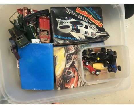 A box of various motor racing toys, to inc Scalextric cars