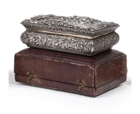 A Victorian Silver Snuff Box, Nathaniel Mills, Birmingham 1840, the rectangular bombe shaped body with flowers and scrolls an