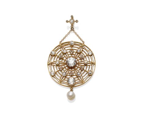An Early 20th Century Diamond and Pearl Pendant, an old cut diamond cluster suspends chains to a spiderweb style pendant, ins