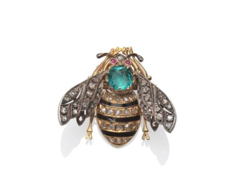 A Bug Brooch, with a green paste and rose cut diamond set body, and rose cut diamond set wings, in claw settings, measures 3.