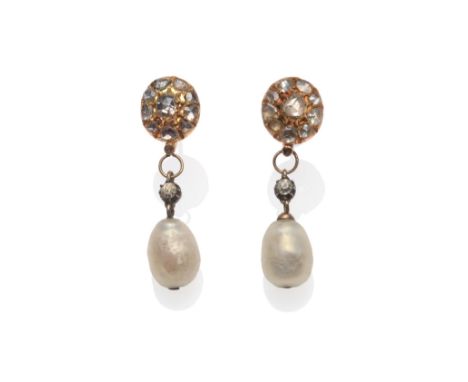 A Pair of Diamond and Pearl Drop Earrings, a rose cut diamond cluster stud, with yellow claw settings, to a white paste stone