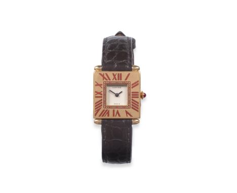 An 18ct Gold Wristwatch, signed Cartier, Paris, model: Quadrant, circa 1990, quartz movement, silvered dial, square case with