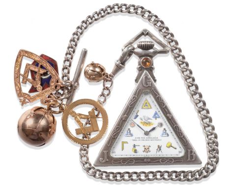A Masonic Triangular Shaped Pocket Watch, signed Tempor Watch Co, Geneve, circa 1910, lever movement, enamel dial with Masoni