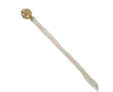 A Cultured Pearl Necklace with Diamond Snap, four entwined rows of cultured pearls to a flower shaped clasp, pavé set with ro