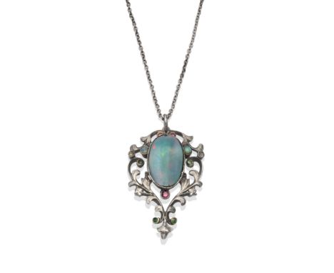 A Continental Opal and Gemstone Pendant, in Art Nouveau style, an oval opal centrally, with smaller opals, rubies, emeralds a