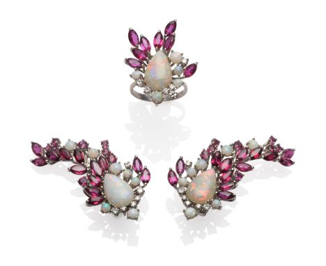 An Opal, Ruby and Diamond Ring and Earring Set, pear shaped and round opals, marquise cut and round cut rubies and round bril