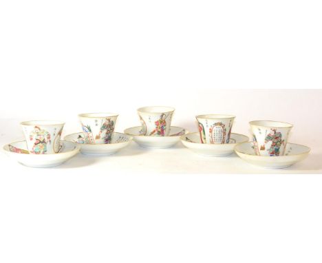 A Group of Five Chinese Famille Rose Cups and Saucers, Xianfeng seal mark and of the period (1851-1861), each with scholar, s