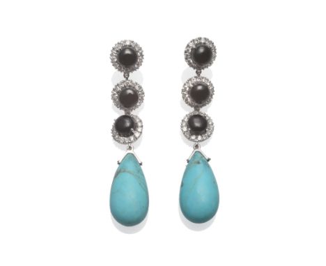 A Pair of 18 Carat White Gold Onyx, Diamond and Turquoise Drop Earrings, each comprising three chain linked onyx and diamond 