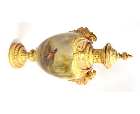 A Royal Worcester Porcelain Pheasant Vase and Cover, James Stinton, 1904, of baluster form, with acanthus sheathed pointed fi