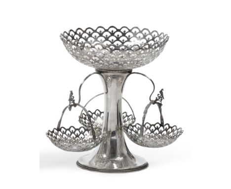 A George V Silver Epergne, George Nathan & Ridley Hayes, Chester 1911, the plain trumpet shaped column supporting a pierced b